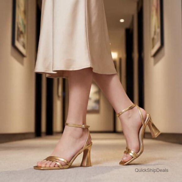 Faux Leather Heeled Sandals with Ankle Strap 3 Inch Block Heels - Picture 2 of 7